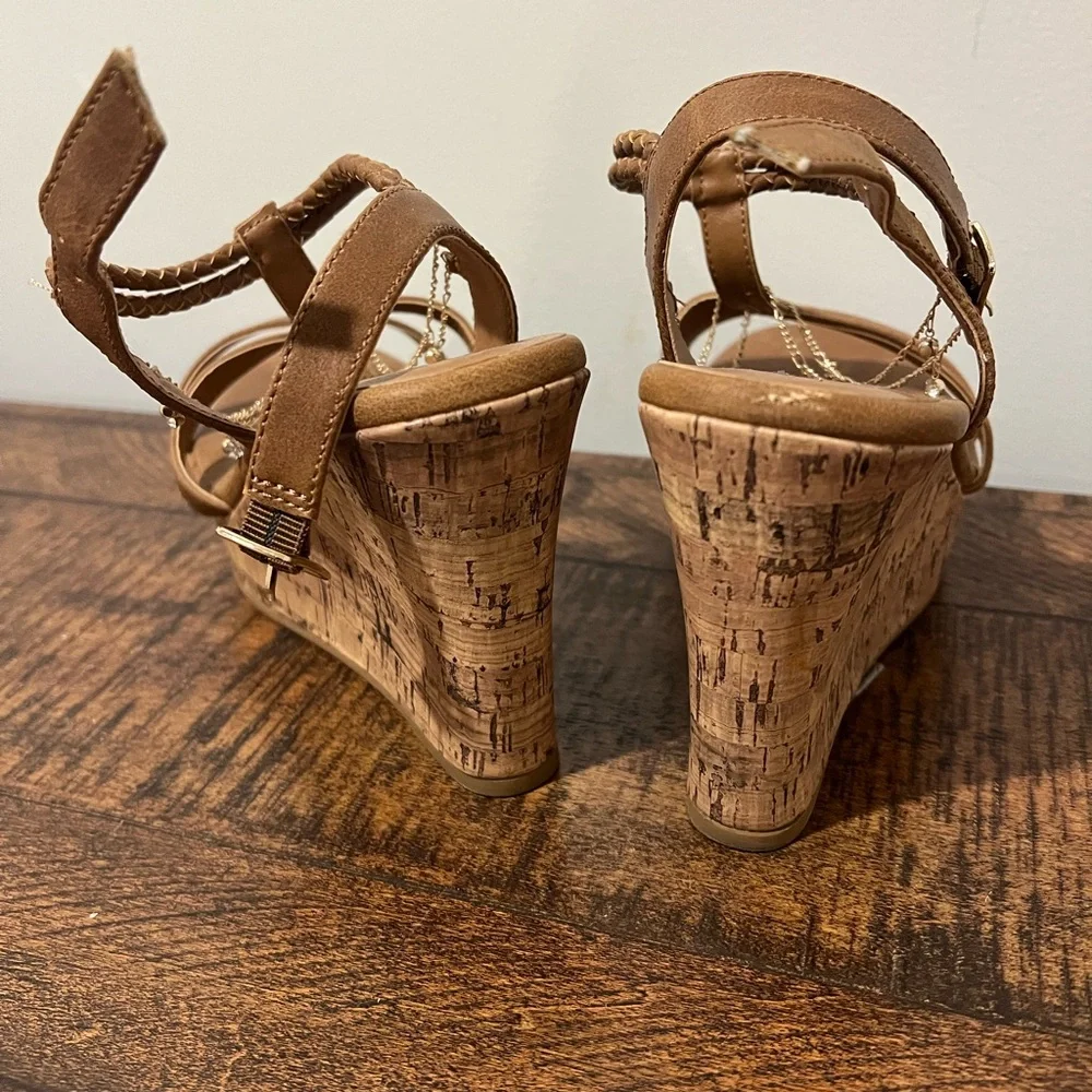 Jellypop Tan Braided-Strap Cork Wedge Sandals with Chain Accent